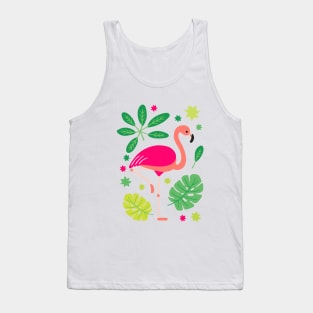 Pink Flamingo | Green Tropical Leaves Tank Top